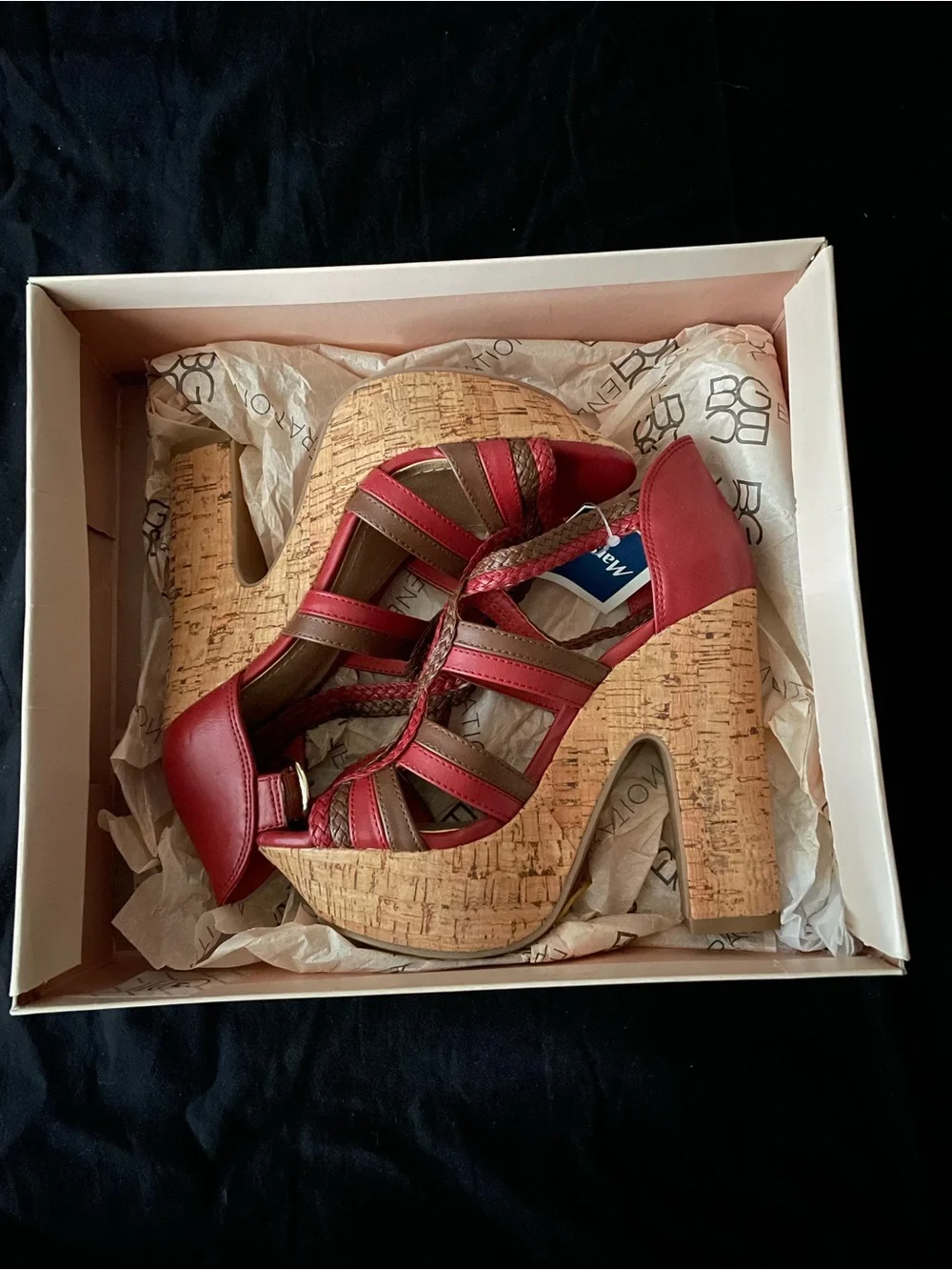 New BCBG Red and Brown Cork Platform Sandals